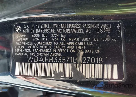 2001 BMW X5 4.4 из США, поврежденный, VIN WBAFB33571LH27018